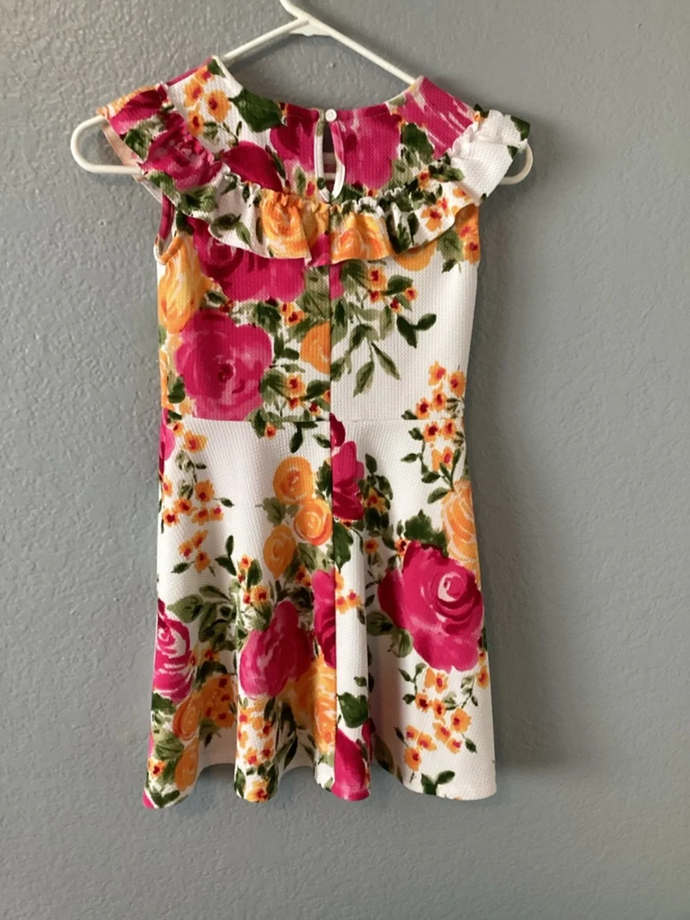 The Childrens Place Girls Floral Ruffle Dress - White with Pink & Yellow Roses - Picture 2 of 4